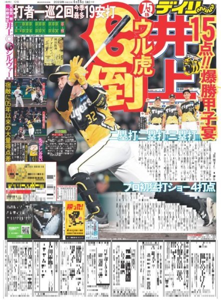 画像1: 井上ウル虎G倒 デイリースポーツ（東京宅配版） 2023年4月28日付 (1)