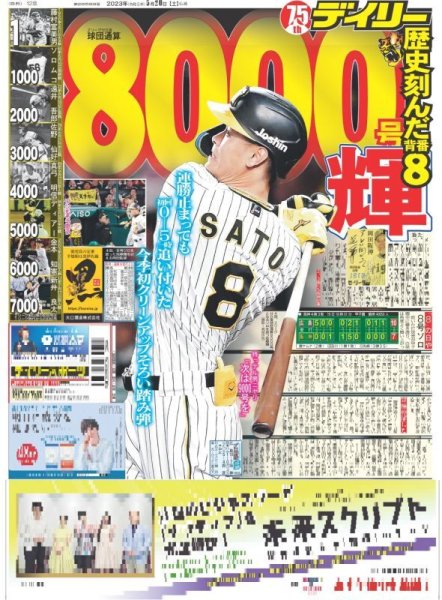 画像1: 輝球団通算8000号 デイリースポーツ（東京宅配版） 2023年5月20日付 (1)