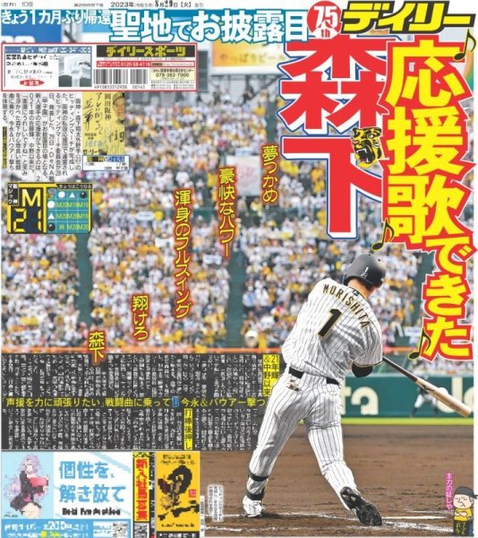 画像1: 森下 応援歌できた デイリースポーツ（東京宅配版）2023年8月29日付 (1)