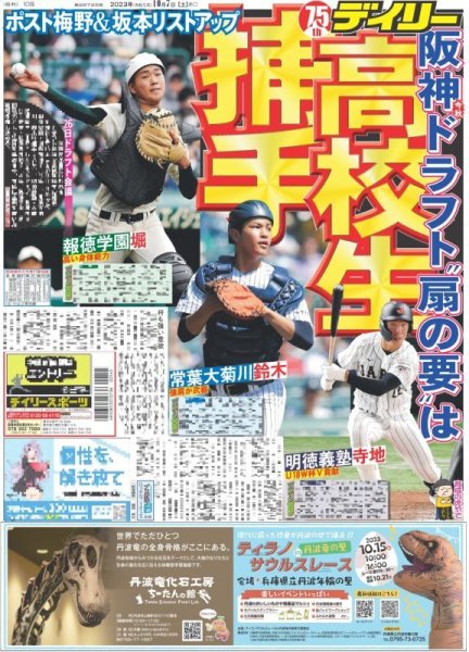 画像1: 阪神ドラフト扇の要は高校生捕手 デイリースポーツ（東京宅配版）2023年10月7日付 (1)